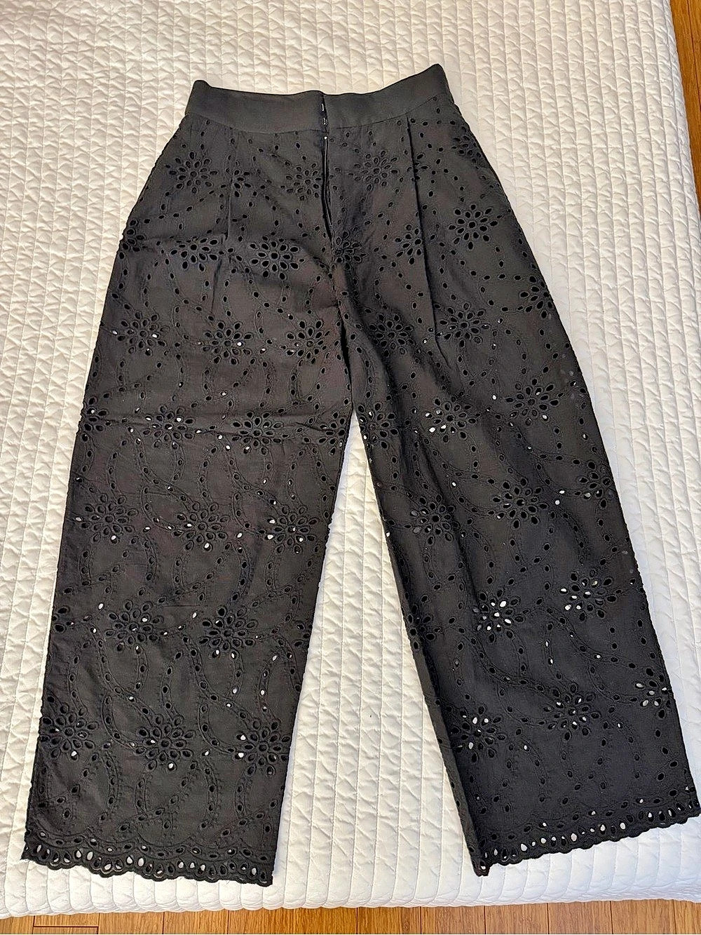 Zara Trousers with Cutwork Embroidery Wide Leg Black